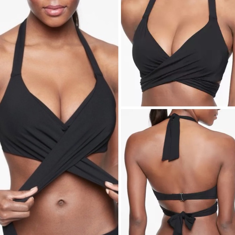 ATHLETA BRA CUP WRAP HALTER BIKINI Swim TOP Underwire Black Women’s Size 34 B/C